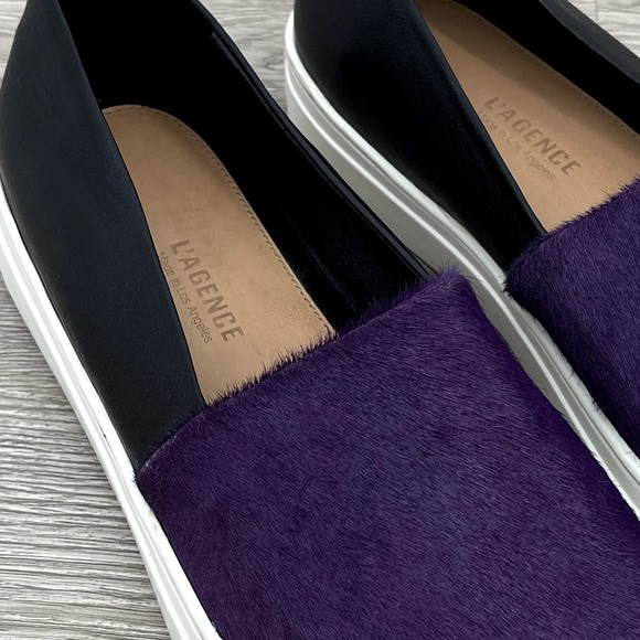 NEW- L'AGENCE *RARE* Calf Hair Leather Slip On Sneakers Black & Purple - Sz 9.5 - Picture 2 of 13